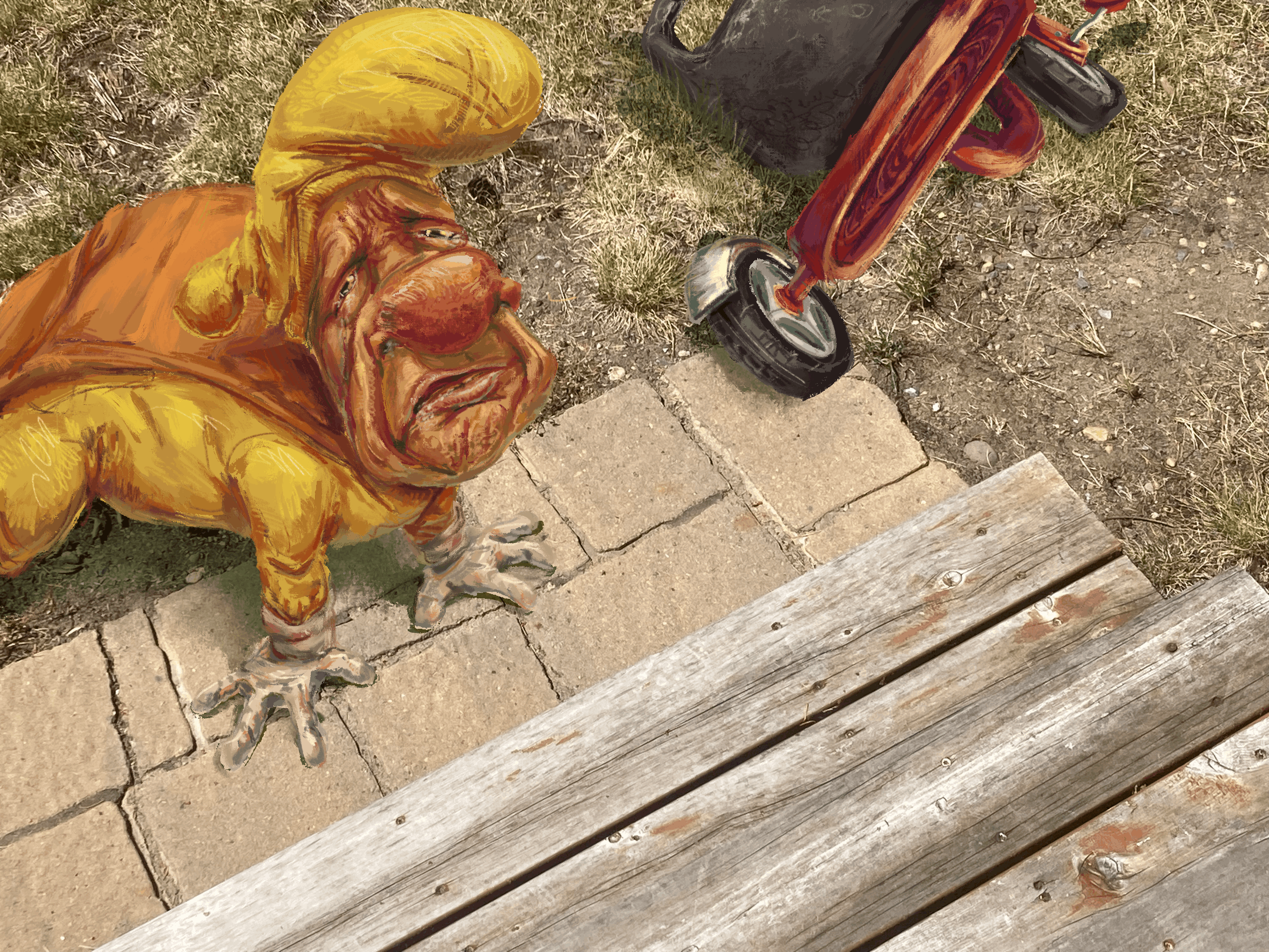 Bo Noise noise on their hands and knees, crying. Their tricycle is toppled over and part of it is off camera, so it can be assumed that Bo fell down the steps and got injured. Bo looks up at the viewer as he sobs. Their face is scrunched up, but has an infatile appearance, and they are painted in a fairly realistic manner.